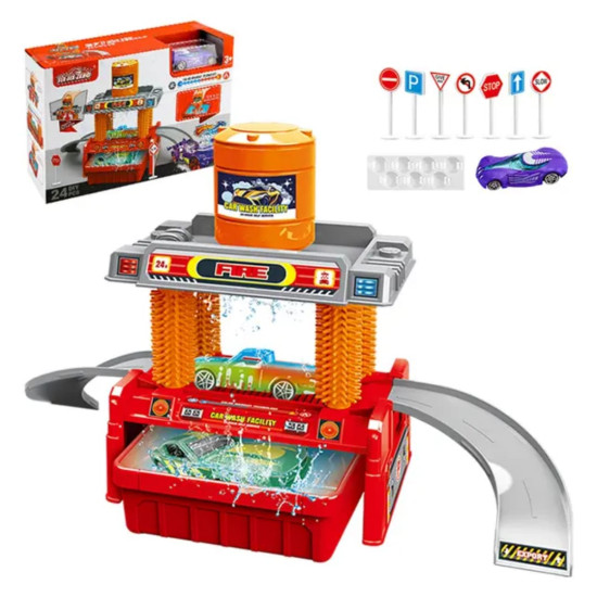 Fire truck wash set (equipped with 1 color changing alloy car and 8 road signs)