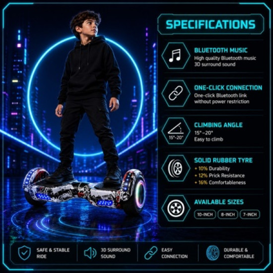 Smart Self-Balancing Hoverboard with Bluetooth Speakers & RGB LED Wheels (6.5-inch)