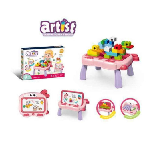 Rabbit drawing board building block table-with color brushes and blackboard eraser (including 50 animal Bricks)