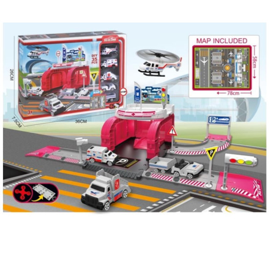 Hospital airport track set (equipped with 4pcs plastic car, 1 airplane, and 8 road signs)