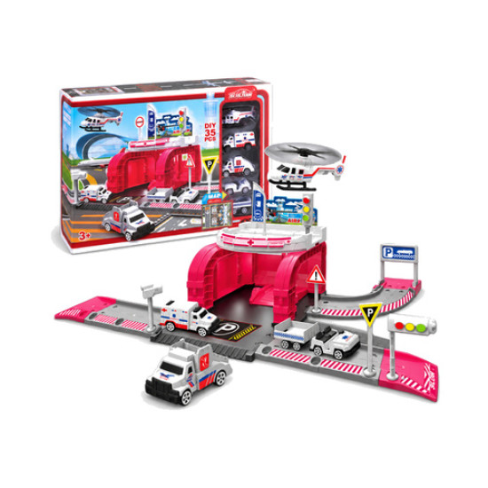 Hospital airport track set (equipped with 4pcs plastic car, 1 airplane, and 8 road signs)